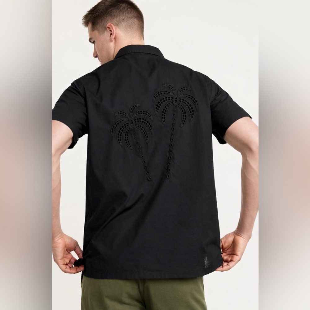 Embroidered Old Navy Black Casual Button Down Short Sleeve Palm Design Shirt XXL